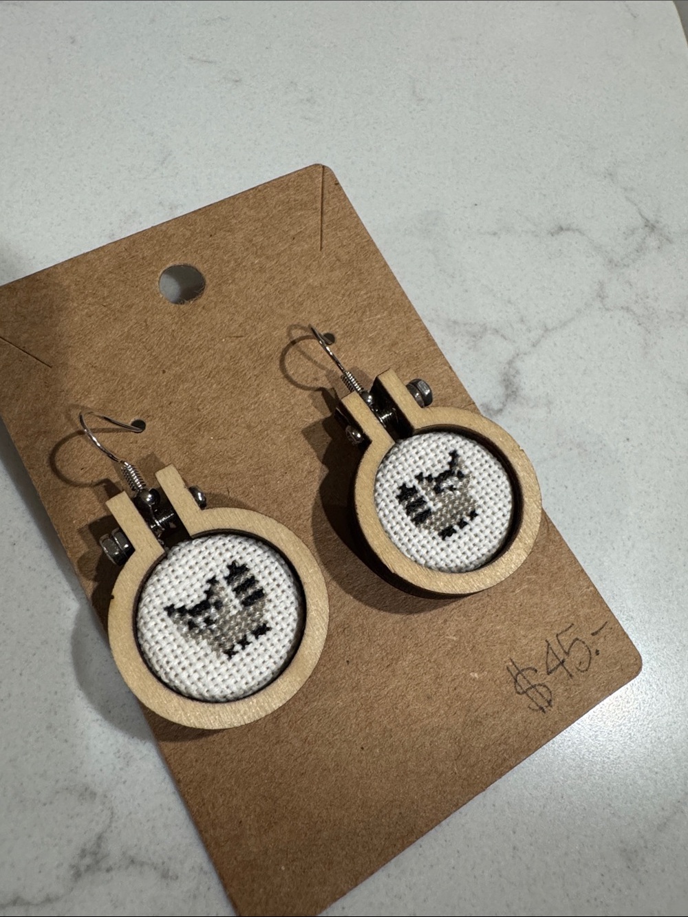 Handmade Cross Stitch Raccoon Hoop Earrings